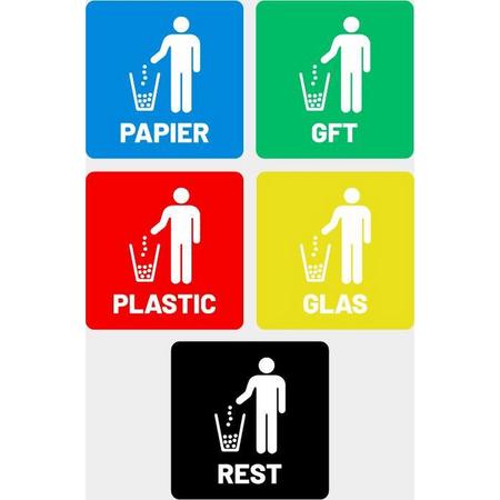 Afval stickers voordeelset 5 stuks 10x10cm - Papier - Plastic - Glas - GFT - Rest | Recycle stickers | Container stickers | Afvalbak | Prullenbak